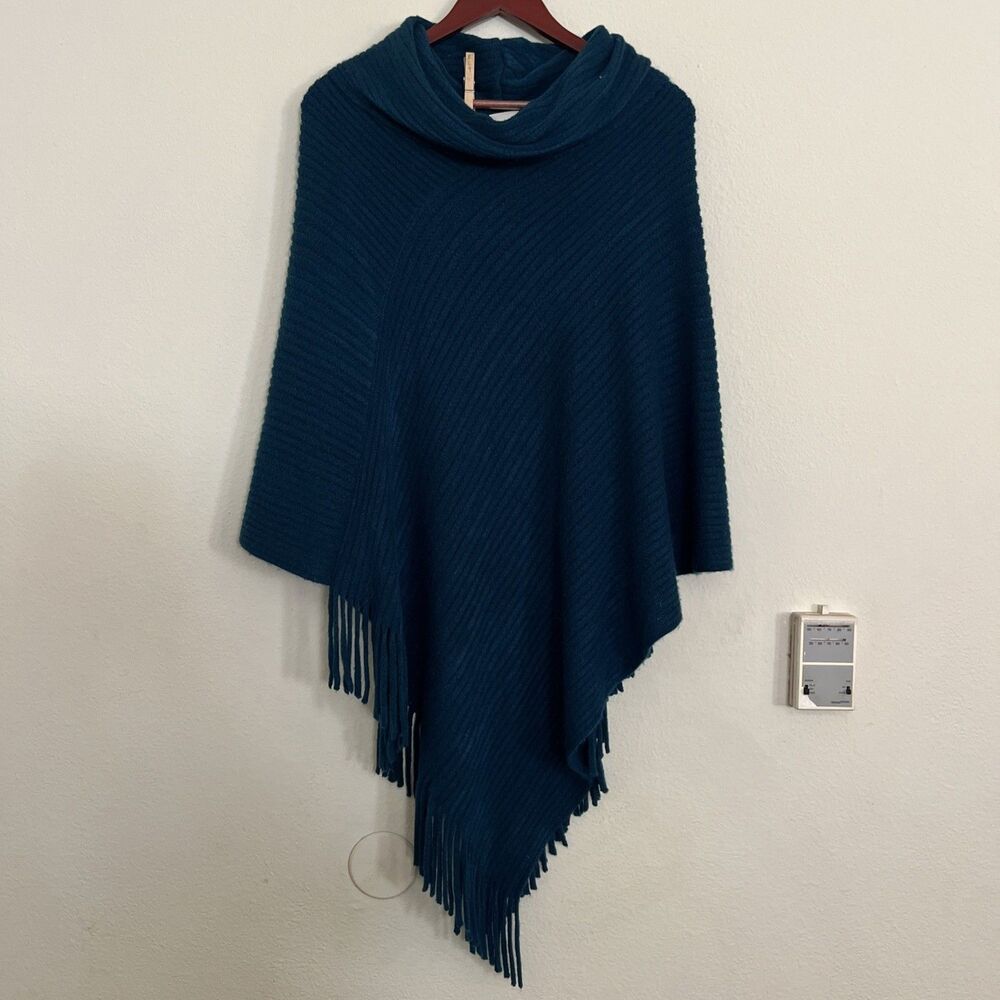 Chico's Chicos Womens Teal Fringe Knit Turtle Neck Poncho Cape Sweater SZ OS